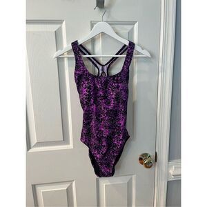 Speedo Purple & Black Print Racerback One Piece Swimsuit Sz 6 NWOT